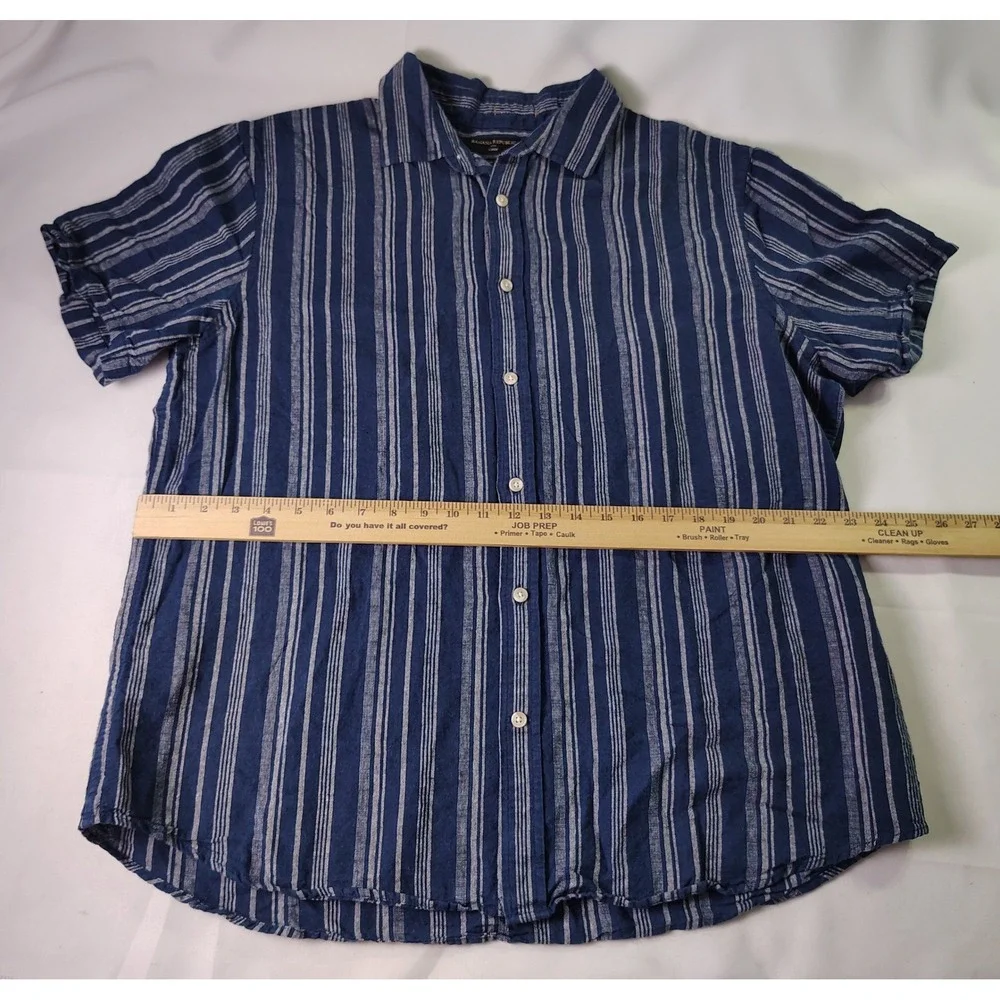 Banana Republic Mens XL Slim Fit Coastal Linen Blue Stripe Resort Summer Shirt